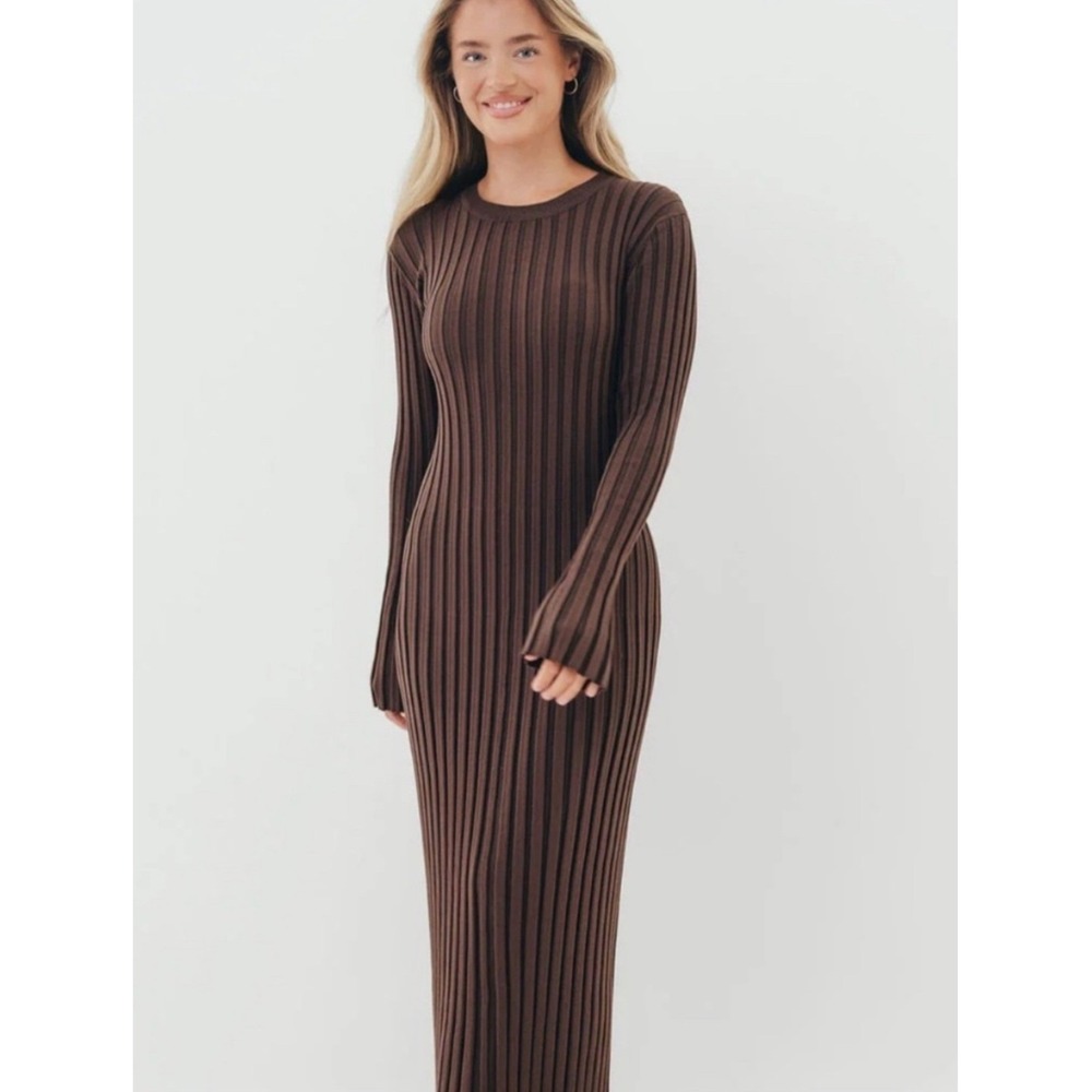 Worth Collective Collette Ribbed Knit Maxi Dress Size L Brown Long Sleeve Bump